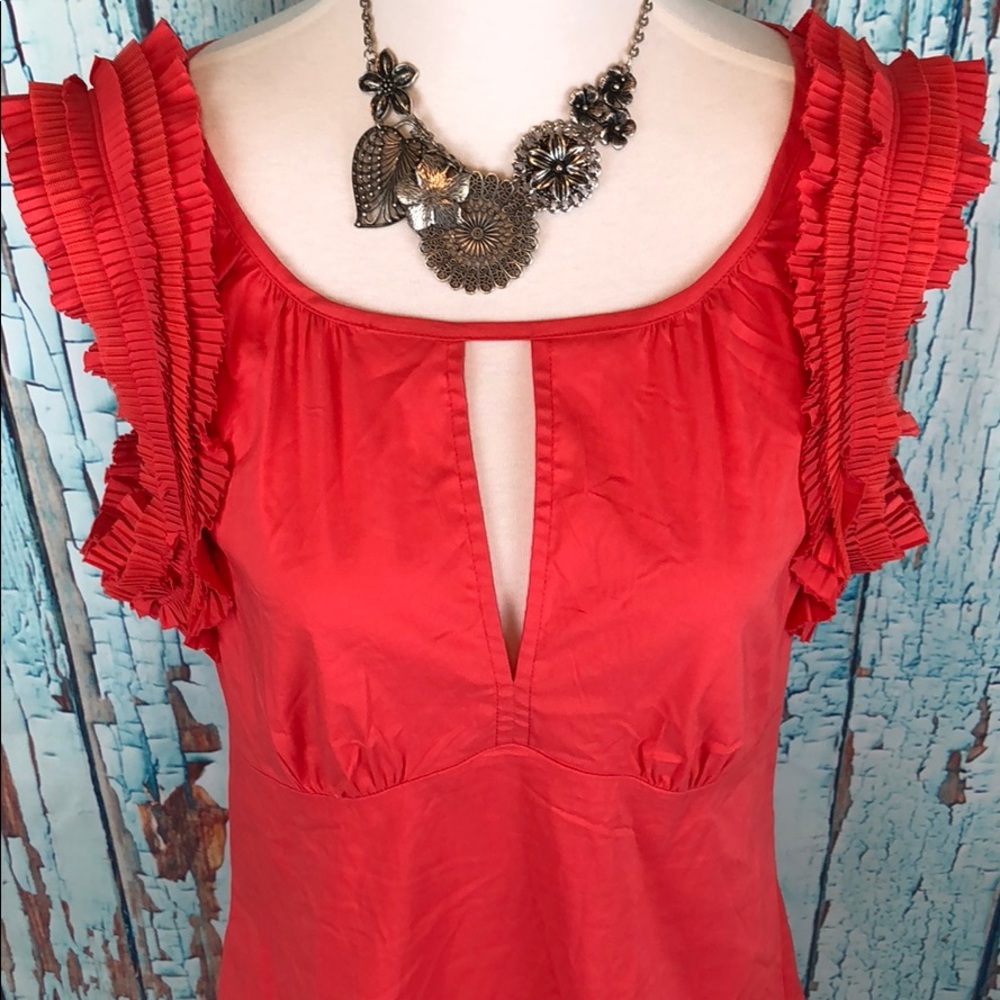 BCBG Maxazria Blouse Orange Sleeveless Ruffled Keyhole V Neck S - Picture 5 of 9